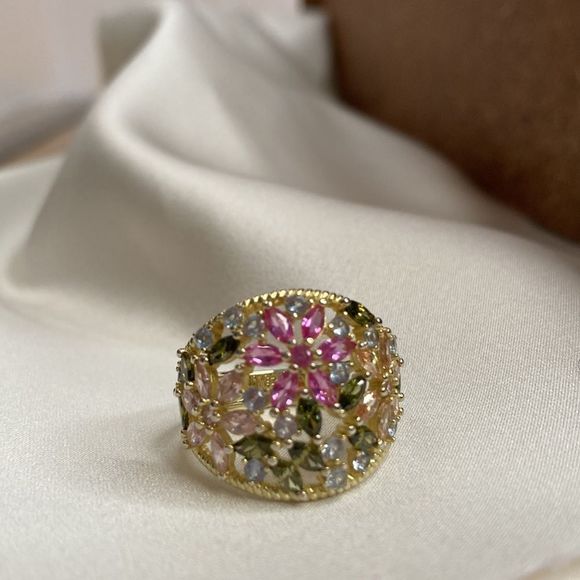 Cate d' Argent Ring 14k Gold Plated Over 925 Sterling Multi Colored Stones Ring - Picture 1 of 13
